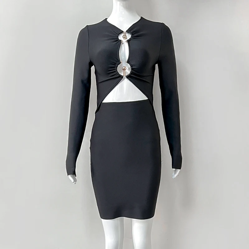 Wholesale Women's Black Hollow Long Sleeve Tight Mini Sexy Evening Celebrity Cocktail Party Bandag Dress