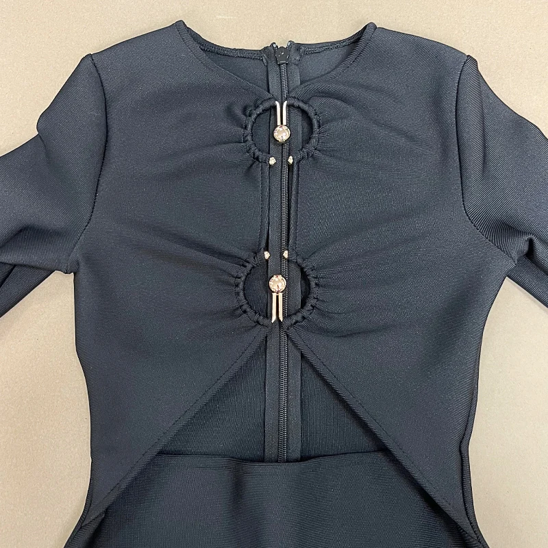 Wholesale Women's Black Hollow Long Sleeve Tight Mini Sexy Evening Celebrity Cocktail Party Bandag Dress