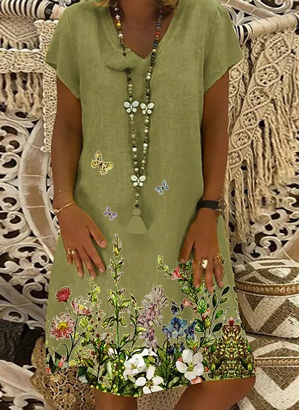 Floral Printed Vintage Dresses Summer 2022 Elegant Women Abstract Dress V Neck Lady Short Sleeve Casual Oversized Loose Clothing