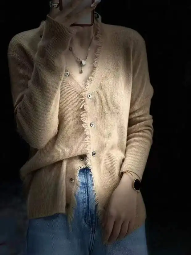 Fashionable tassel v-neck cashmere knit cardigan women chunchun Korean slim top loose sweater sweater coat