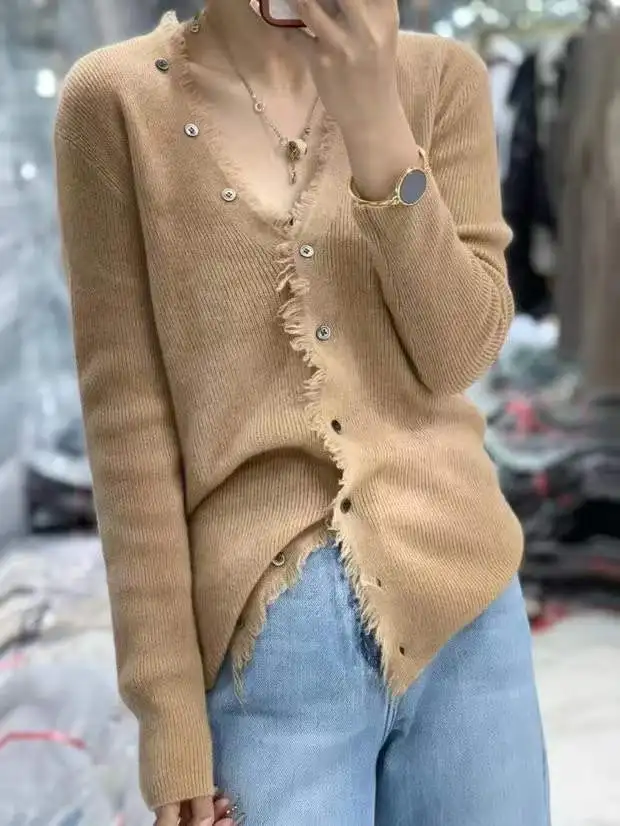 Fashionable tassel v-neck cashmere knit cardigan women chunchun Korean slim top loose sweater sweater coat
