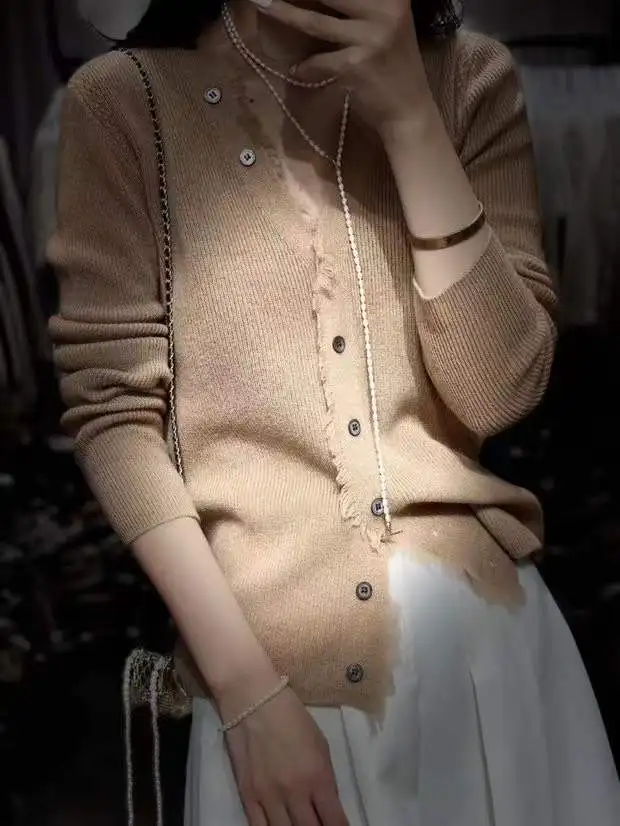 Fashionable tassel v-neck cashmere knit cardigan women chunchun Korean slim top loose sweater sweater coat