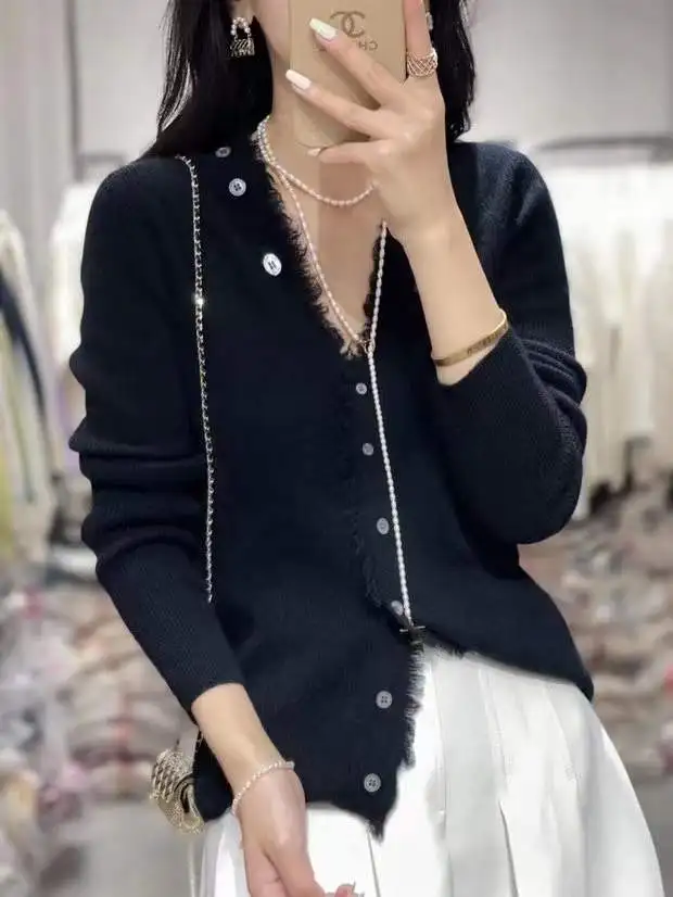 Fashionable tassel v-neck cashmere knit cardigan women chunchun Korean slim top loose sweater sweater coat