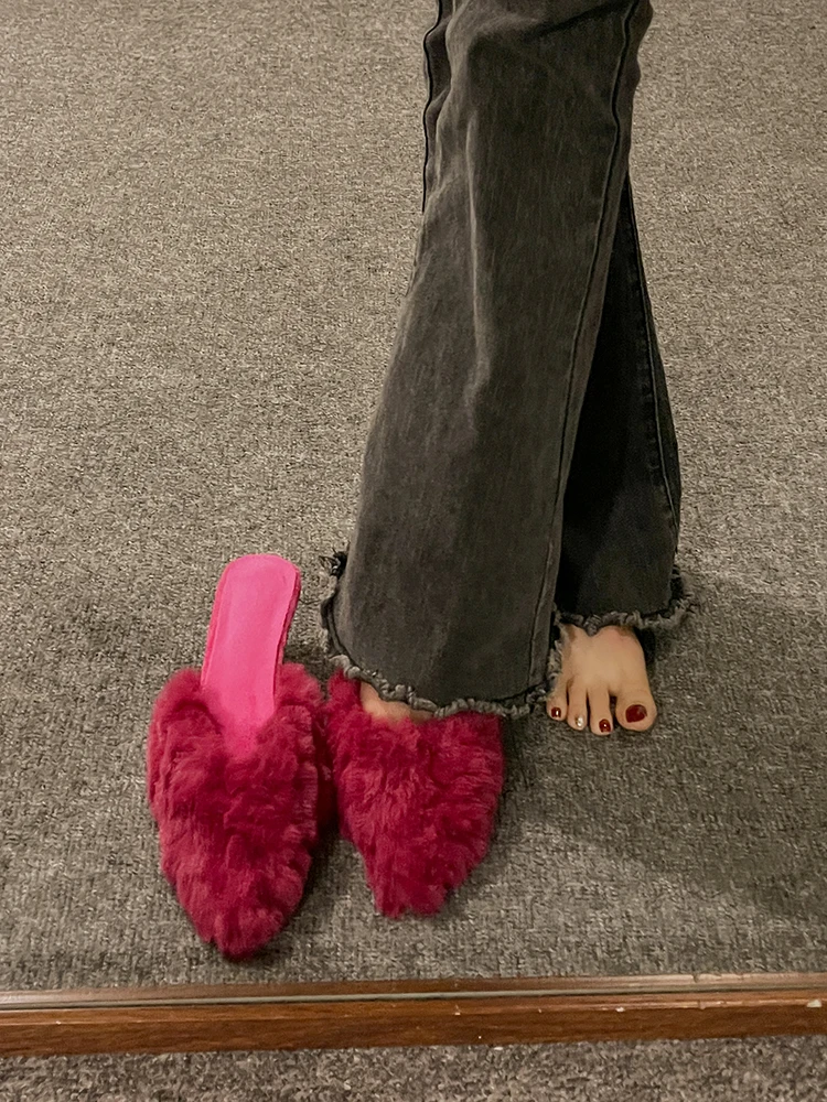 Luxury Kitten Heel Furry Mule Slides Women Rose Pink Sexy Slippers Ladies Pointy Toe Stiletto Plush Sandals Winter Party Shoes