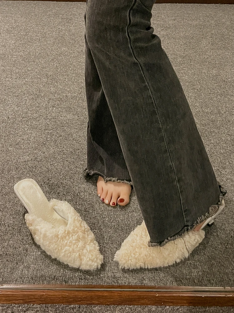 Luxury Kitten Heel Furry Mule Slides Women Rose Pink Sexy Slippers Ladies Pointy Toe Stiletto Plush Sandals Winter Party Shoes