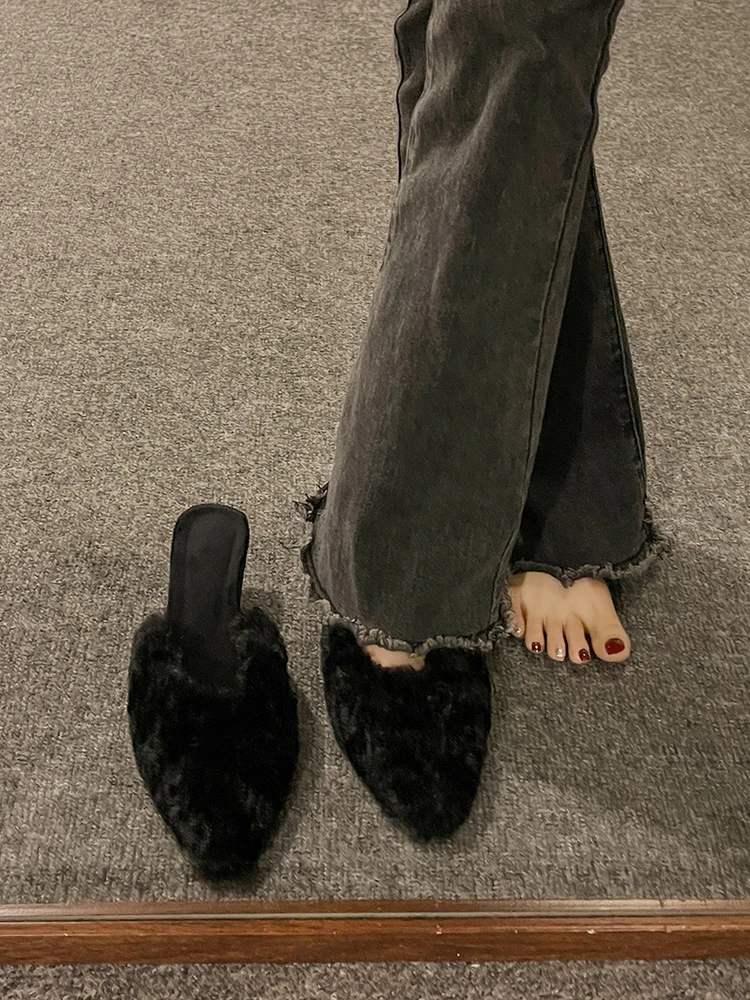 Luxury Kitten Heel Furry Mule Slides Women Rose Pink Sexy Slippers Ladies Pointy Toe Stiletto Plush Sandals Winter Party Shoes