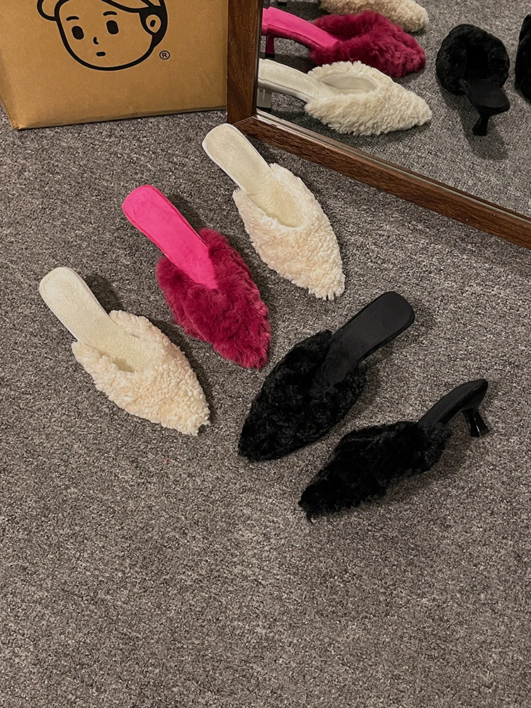 Luxury Kitten Heel Furry Mule Slides Women Rose Pink Sexy Slippers Ladies Pointy Toe Stiletto Plush Sandals Winter Party Shoes