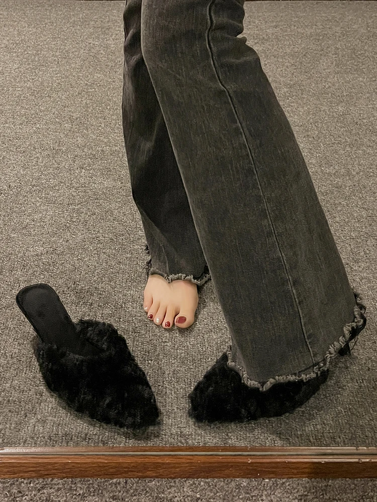 Luxury Kitten Heel Furry Mule Slides Women Rose Pink Sexy Slippers Ladies Pointy Toe Stiletto Plush Sandals Winter Party Shoes