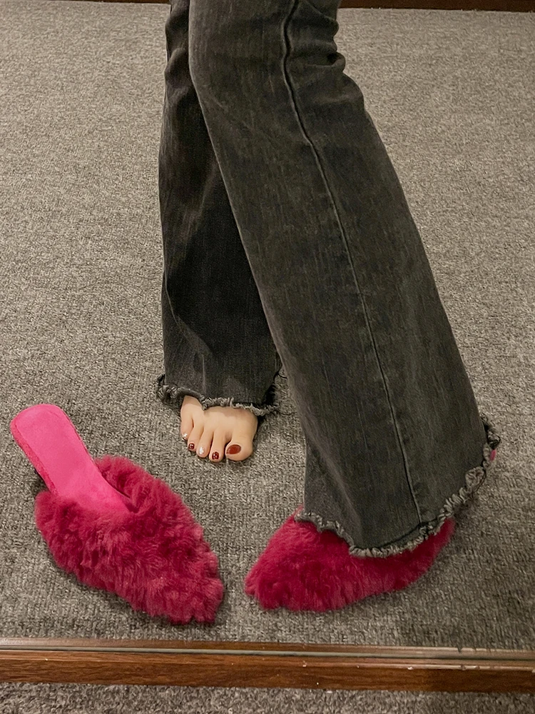 Luxury Kitten Heel Furry Mule Slides Women Rose Pink Sexy Slippers Ladies Pointy Toe Stiletto Plush Sandals Winter Party Shoes