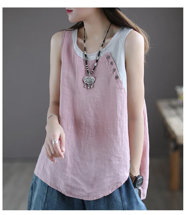Amax luluE Summer Design Style Clothes Womens Pink Casual Tank Ladies Cotton Linen T-shirts Girl Buttons Vintage Tops Big Size