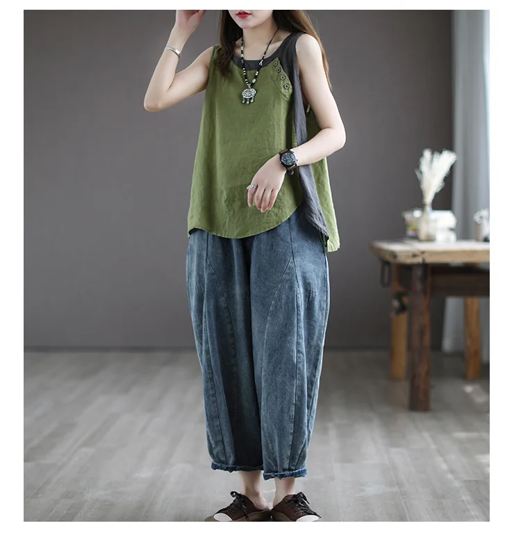 Amax luluE Summer Design Style Clothes Womens Pink Casual Tank Ladies Cotton Linen T-shirts Girl Buttons Vintage Tops Big Size