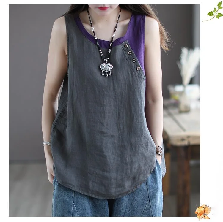 Amax luluE Summer Design Style Clothes Womens Pink Casual Tank Ladies Cotton Linen T-shirts Girl Buttons Vintage Tops Big Size