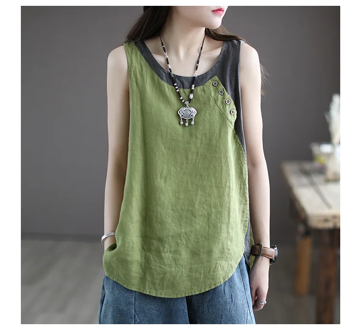 Amax luluE Summer Design Style Clothes Womens Pink Casual Tank Ladies Cotton Linen T-shirts Girl Buttons Vintage Tops Big Size
