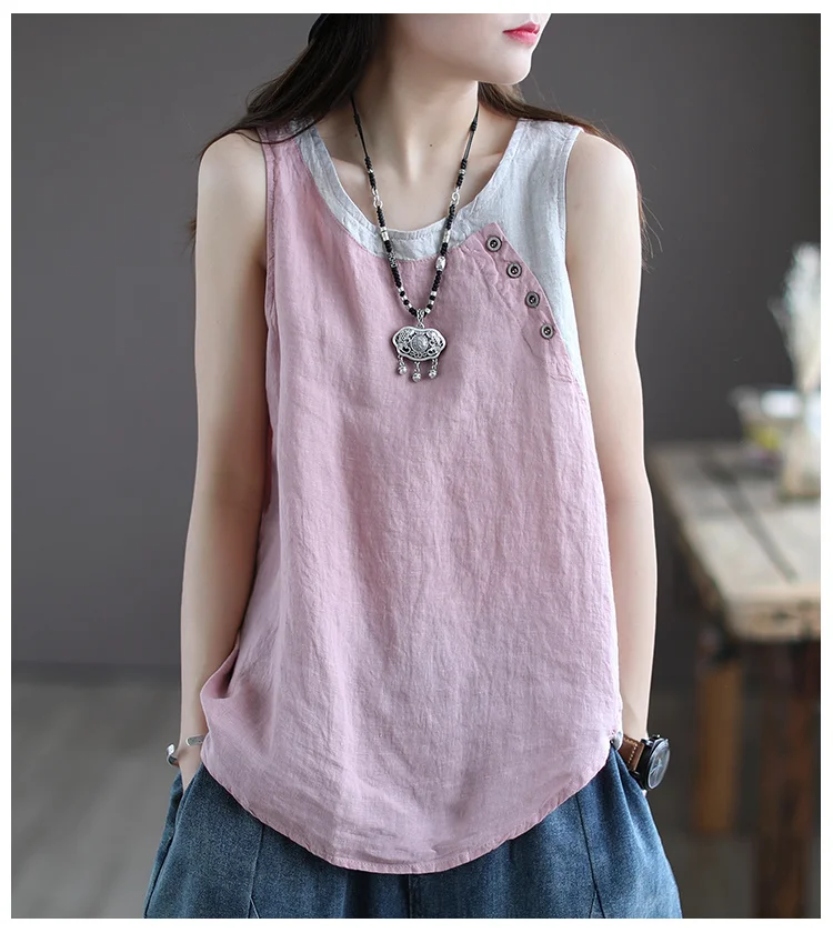 Amax luluE Summer Design Style Clothes Womens Pink Casual Tank Ladies Cotton Linen T-shirts Girl Buttons Vintage Tops Big Size