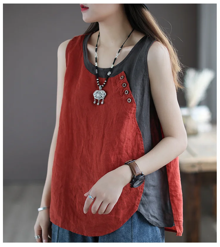 Amax luluE Summer Design Style Clothes Womens Pink Casual Tank Ladies Cotton Linen T-shirts Girl Buttons Vintage Tops Big Size