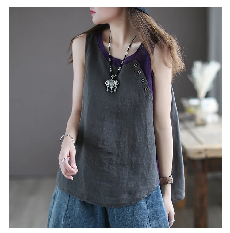 Amax luluE Summer Design Style Clothes Womens Pink Casual Tank Ladies Cotton Linen T-shirts Girl Buttons Vintage Tops Big Size