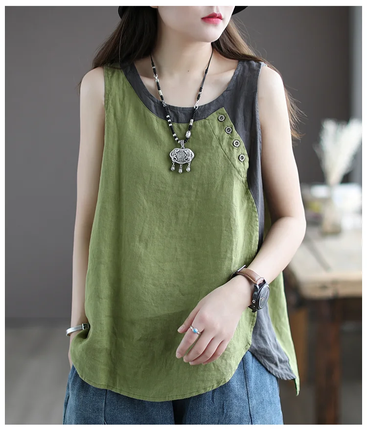 Amax luluE Summer Design Style Clothes Womens Pink Casual Tank Ladies Cotton Linen T-shirts Girl Buttons Vintage Tops Big Size