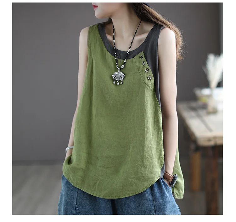 Amax luluE Summer Design Style Clothes Womens Pink Casual Tank Ladies Cotton Linen T-shirts Girl Buttons Vintage Tops Big Size