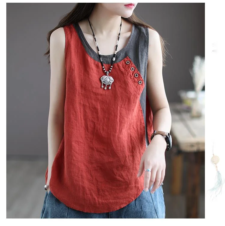 Amax luluE Summer Design Style Clothes Womens Pink Casual Tank Ladies Cotton Linen T-shirts Girl Buttons Vintage Tops Big Size