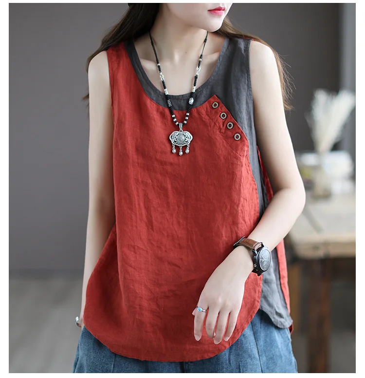 Amax luluE Summer Design Style Clothes Womens Pink Casual Tank Ladies Cotton Linen T-shirts Girl Buttons Vintage Tops Big Size