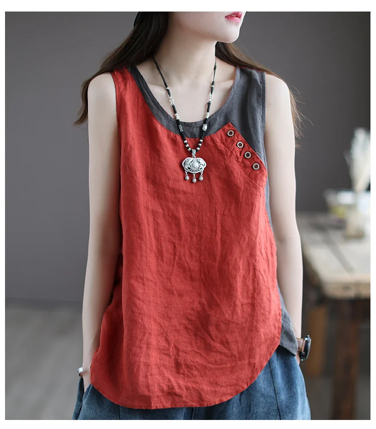 Amax luluE Summer Design Style Clothes Womens Pink Casual Tank Ladies Cotton Linen T-shirts Girl Buttons Vintage Tops Big Size