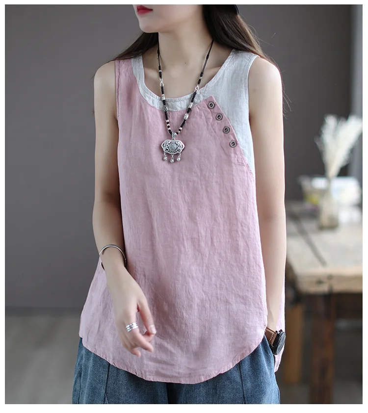 Amax luluE Summer Design Style Clothes Womens Pink Casual Tank Ladies Cotton Linen T-shirts Girl Buttons Vintage Tops Big Size