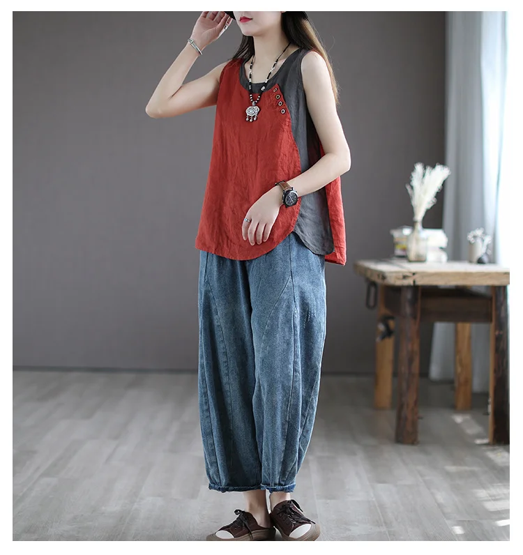 Amax luluE Summer Design Style Clothes Womens Pink Casual Tank Ladies Cotton Linen T-shirts Girl Buttons Vintage Tops Big Size