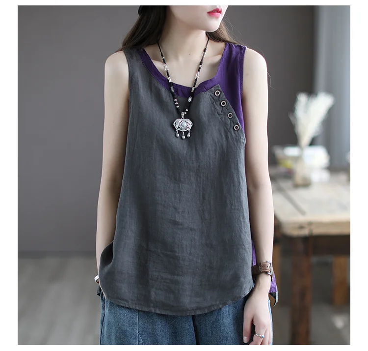 Amax luluE Summer Design Style Clothes Womens Pink Casual Tank Ladies Cotton Linen T-shirts Girl Buttons Vintage Tops Big Size