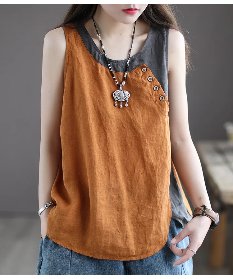 Amax luluE Summer Design Style Clothes Womens Pink Casual Tank Ladies Cotton Linen T-shirts Girl Buttons Vintage Tops Big Size