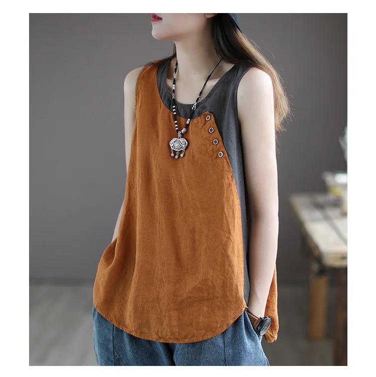 Amax luluE Summer Design Style Clothes Womens Pink Casual Tank Ladies Cotton Linen T-shirts Girl Buttons Vintage Tops Big Size