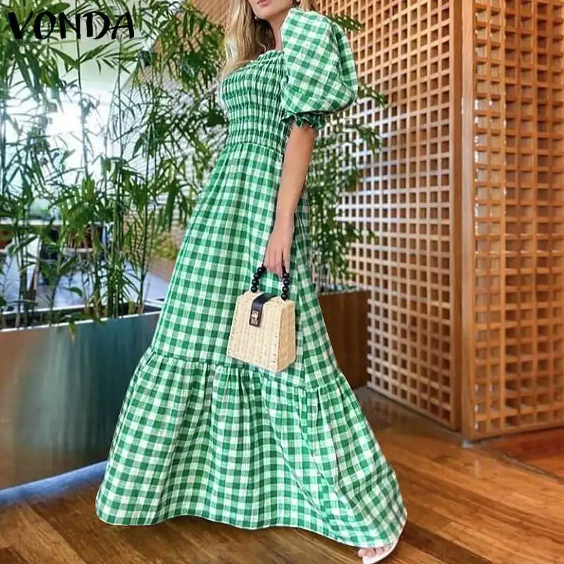 VONDA 2026 Summer Women Maxi Dress Casual Short Sleeve Square Collar Vintage Plaid Party Bohemian Vestidos Loose Long Sundress