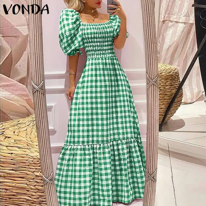 VONDA 2026 Summer Women Maxi Dress Casual Short Sleeve Square Collar Vintage Plaid Party Bohemian Vestidos Loose Long Sundress