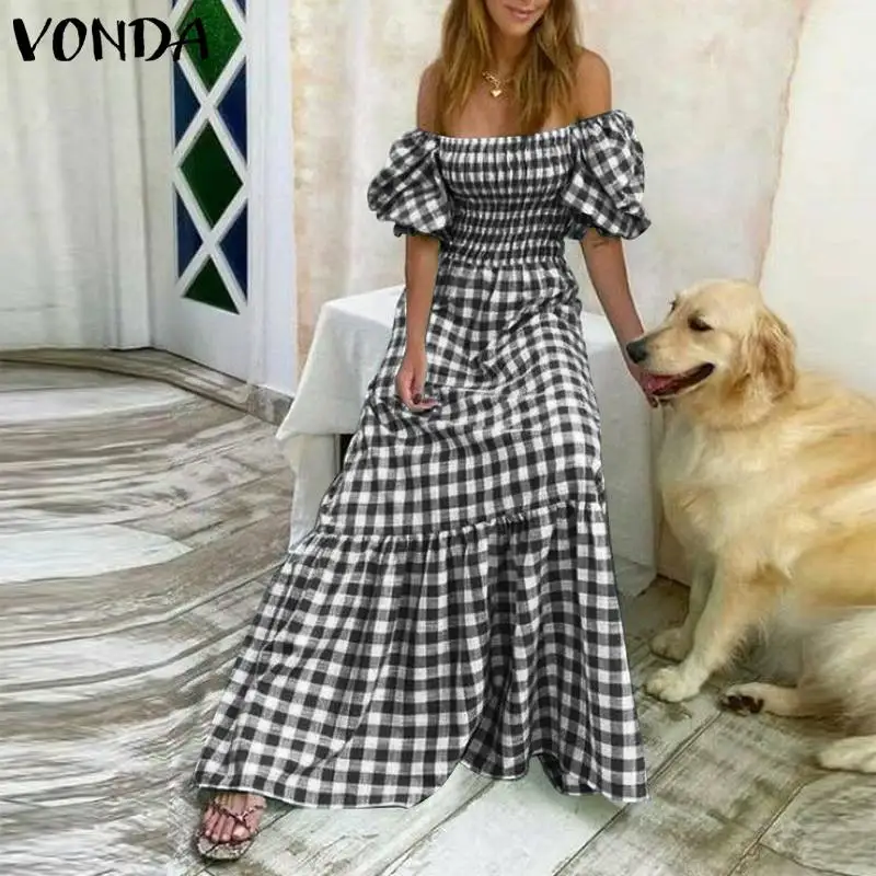 VONDA 2026 Summer Women Maxi Dress Casual Short Sleeve Square Collar Vintage Plaid Party Bohemian Vestidos Loose Long Sundress