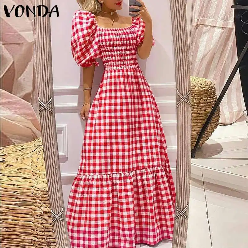 VONDA 2026 Summer Women Maxi Dress Casual Short Sleeve Square Collar Vintage Plaid Party Bohemian Vestidos Loose Long Sundress