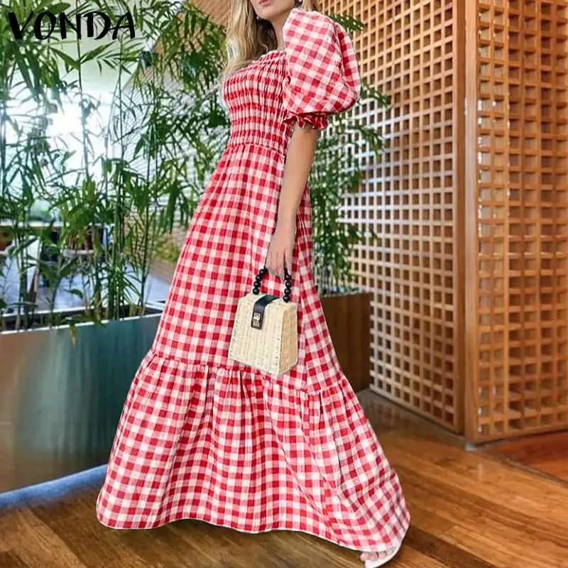 VONDA 2026 Summer Women Maxi Dress Casual Short Sleeve Square Collar Vintage Plaid Party Bohemian Vestidos Loose Long Sundress
