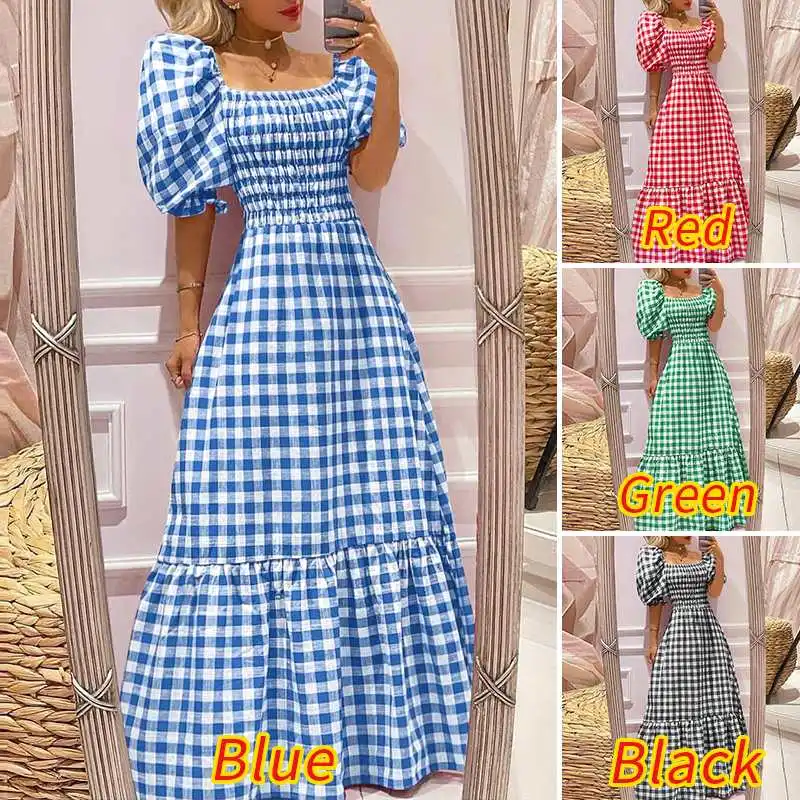 VONDA 2026 Summer Women Maxi Dress Casual Short Sleeve Square Collar Vintage Plaid Party Bohemian Vestidos Loose Long Sundress