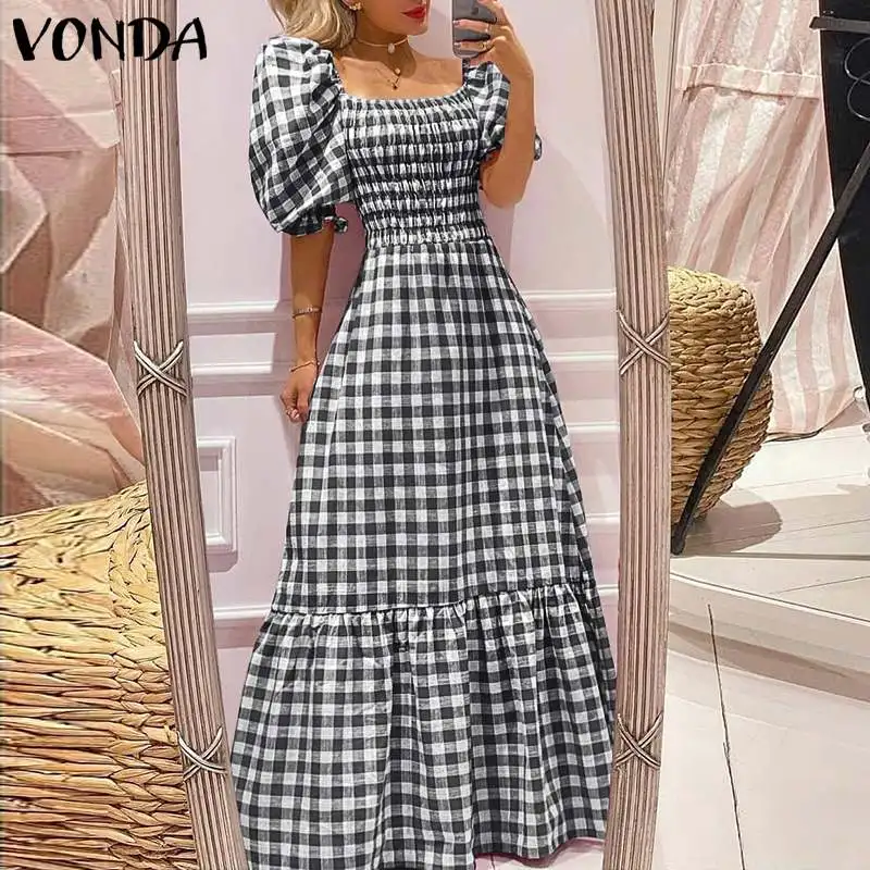 VONDA 2026 Summer Women Maxi Dress Casual Short Sleeve Square Collar Vintage Plaid Party Bohemian Vestidos Loose Long Sundress