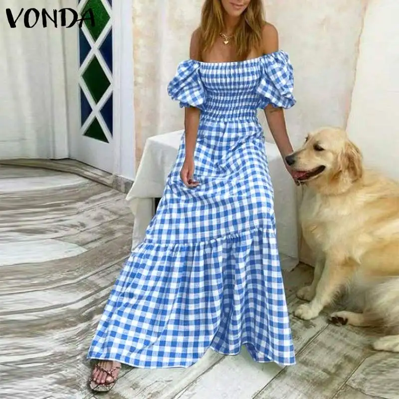 VONDA 2026 Summer Women Maxi Dress Casual Short Sleeve Square Collar Vintage Plaid Party Bohemian Vestidos Loose Long Sundress