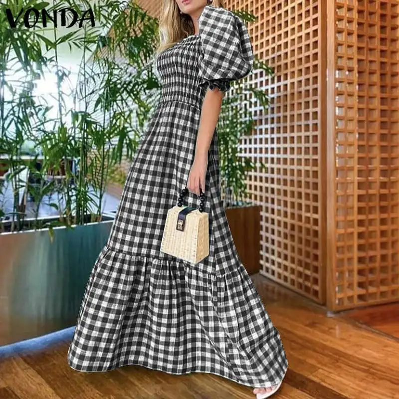 VONDA 2026 Summer Women Maxi Dress Casual Short Sleeve Square Collar Vintage Plaid Party Bohemian Vestidos Loose Long Sundress