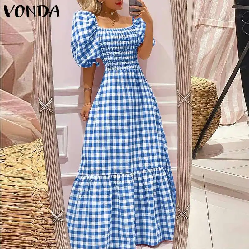 VONDA 2026 Summer Women Maxi Dress Casual Short Sleeve Square Collar Vintage Plaid Party Bohemian Vestidos Loose Long Sundress