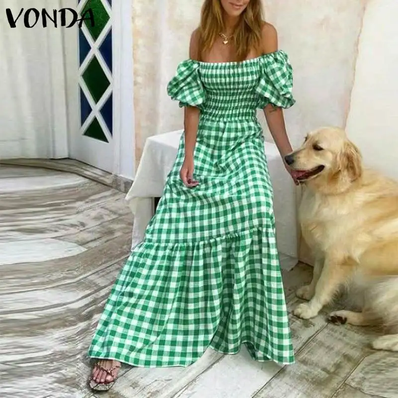 VONDA 2026 Summer Women Maxi Dress Casual Short Sleeve Square Collar Vintage Plaid Party Bohemian Vestidos Loose Long Sundress