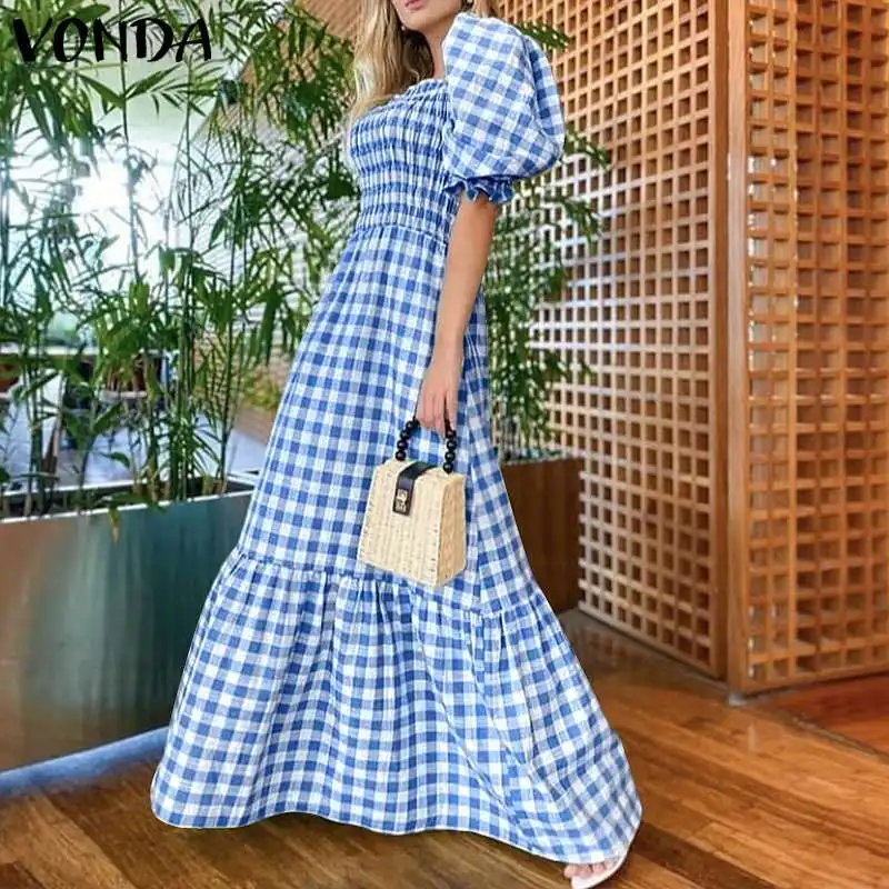 VONDA 2026 Summer Women Maxi Dress Casual Short Sleeve Square Collar Vintage Plaid Party Bohemian Vestidos Loose Long Sundress