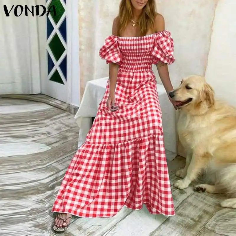 VONDA 2026 Summer Women Maxi Dress Casual Short Sleeve Square Collar Vintage Plaid Party Bohemian Vestidos Loose Long Sundress