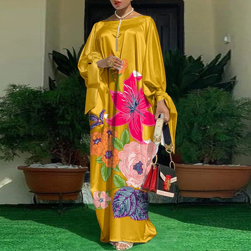 VONDA Oversized Dress Bohemian Women Long Sleeve Satin Party Dress Robe Autumn Vintage Casual Floral Printed Maxi Long Sundress