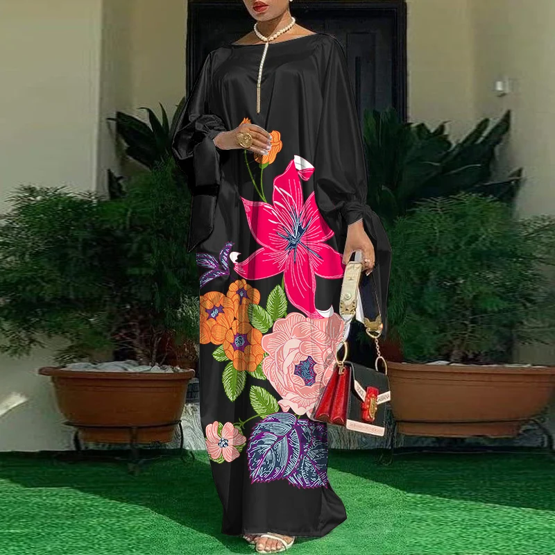 VONDA Oversized Dress Bohemian Women Long Sleeve Satin Party Dress Robe Autumn Vintage Casual Floral Printed Maxi Long Sundress