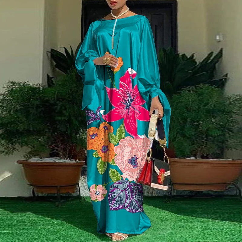 VONDA Oversized Dress Bohemian Women Long Sleeve Satin Party Dress Robe Autumn Vintage Casual Floral Printed Maxi Long Sundress