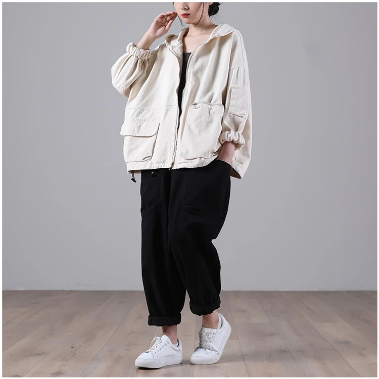 Amax luluE Autumn New Jacket 2024 Women White Hooded Zipper Coat Casual Loose Streetwear Female Pockets Vintage Harajuku Clothes