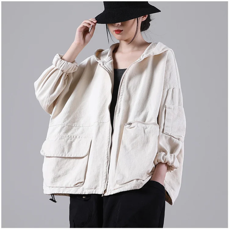 Amax luluE Autumn New Jacket 2024 Women White Hooded Zipper Coat Casual Loose Streetwear Female Pockets Vintage Harajuku Clothes