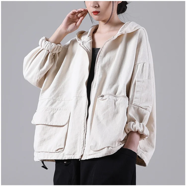 Amax luluE Autumn New Jacket 2024 Women White Hooded Zipper Coat Casual Loose Streetwear Female Pockets Vintage Harajuku Clothes