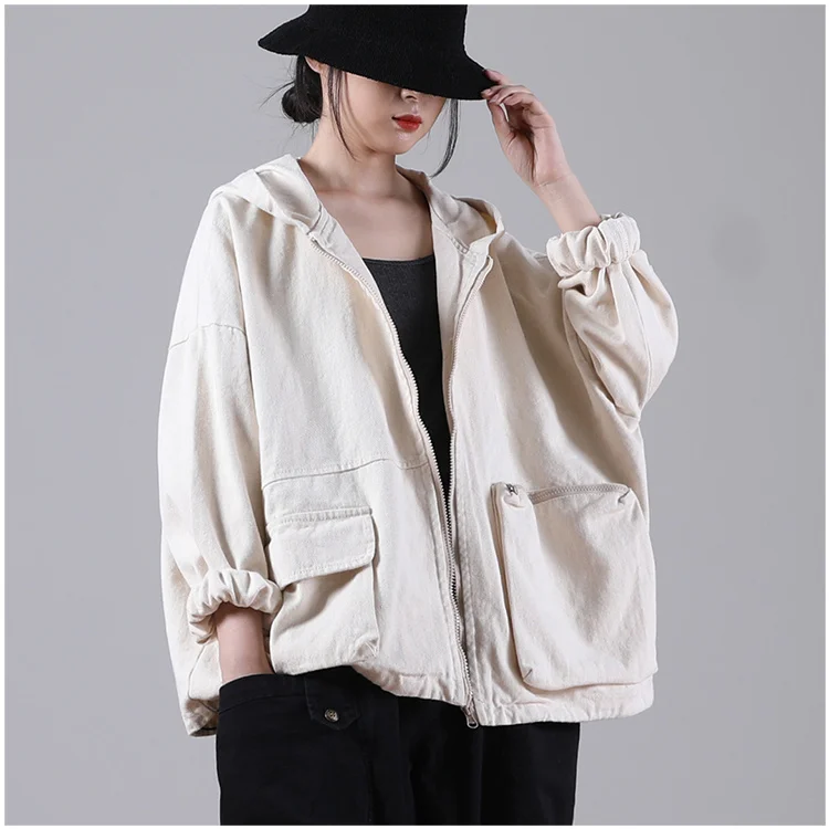Amax luluE Autumn New Jacket 2024 Women White Hooded Zipper Coat Casual Loose Streetwear Female Pockets Vintage Harajuku Clothes
